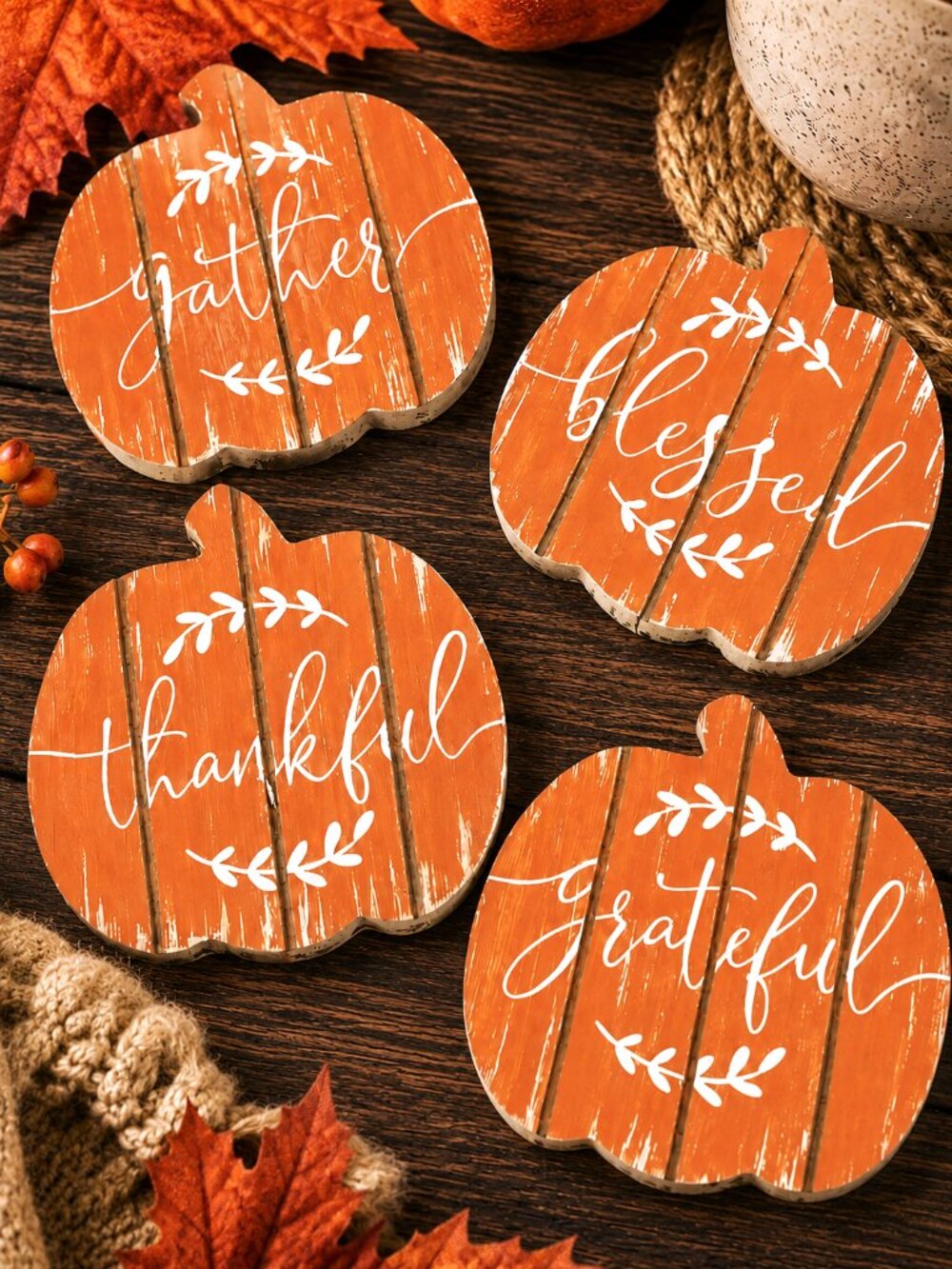 Fall Thanksgiving Pumpkin Wood Coaster Set of 4 Gather Blessed Thankful Grateful